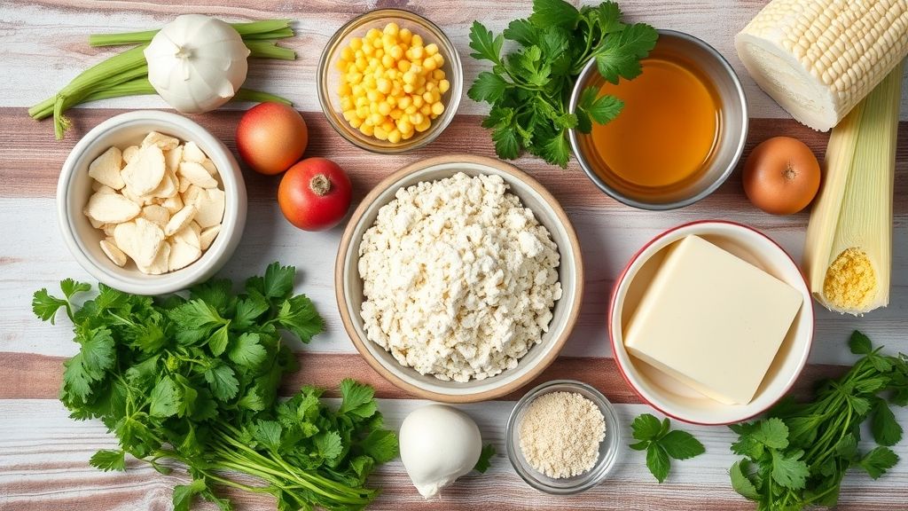 Ingredientes da receita, como fubá, açúcar, ovos e leite, organizados em tigelas sobre bancada de madeira.