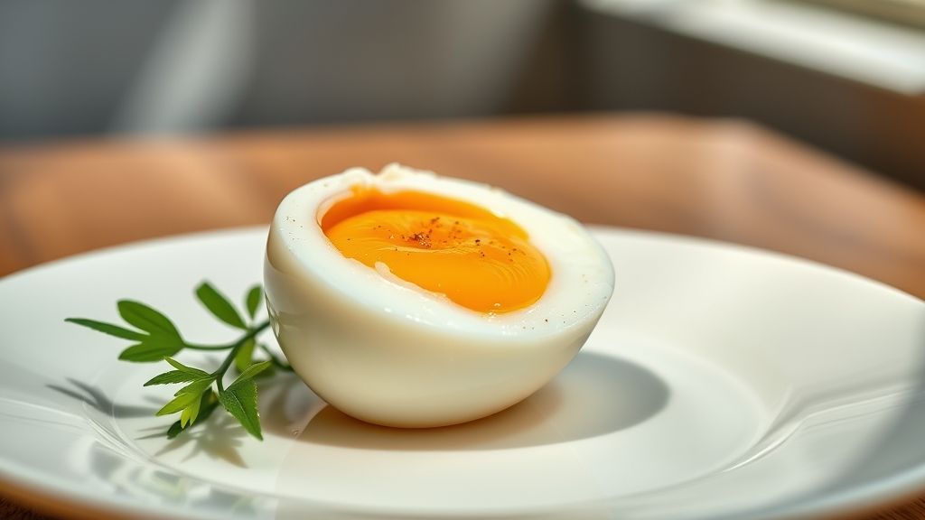 Ovo cozido no micro-ondas pronto, servido em prato branco, com gema macia e textura perfeita