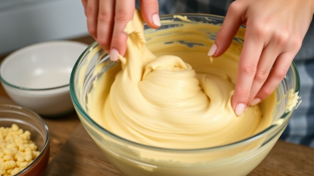Mãos misturando a massa cremosa do bolo em uma tigela antes de levar ao forno.