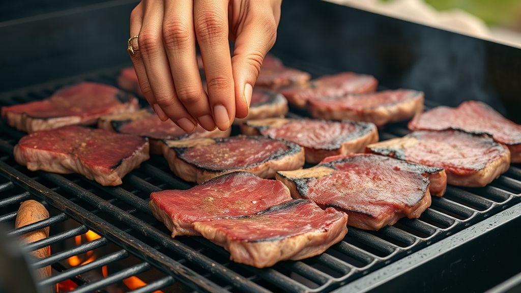 Churrasqueiro temperando a carne e colocando cortes de segunda sobre a grelha.