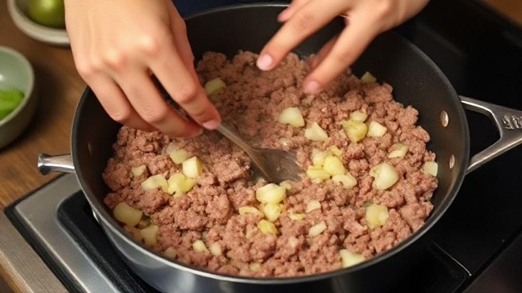 Mãos refogando carne moída em panela, etapa crucial do preparo do escondidinho