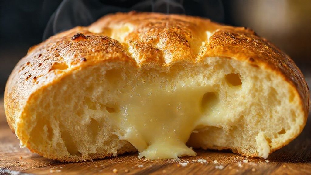 Close-up de um pão de queijo aberto mostrando o interior elástico e o queijo derretido