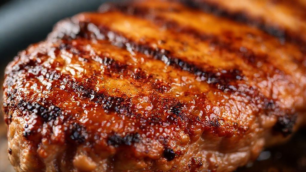 Close-up da chuleta pronta, mostrando a crosta dourada e textura suculenta da carne