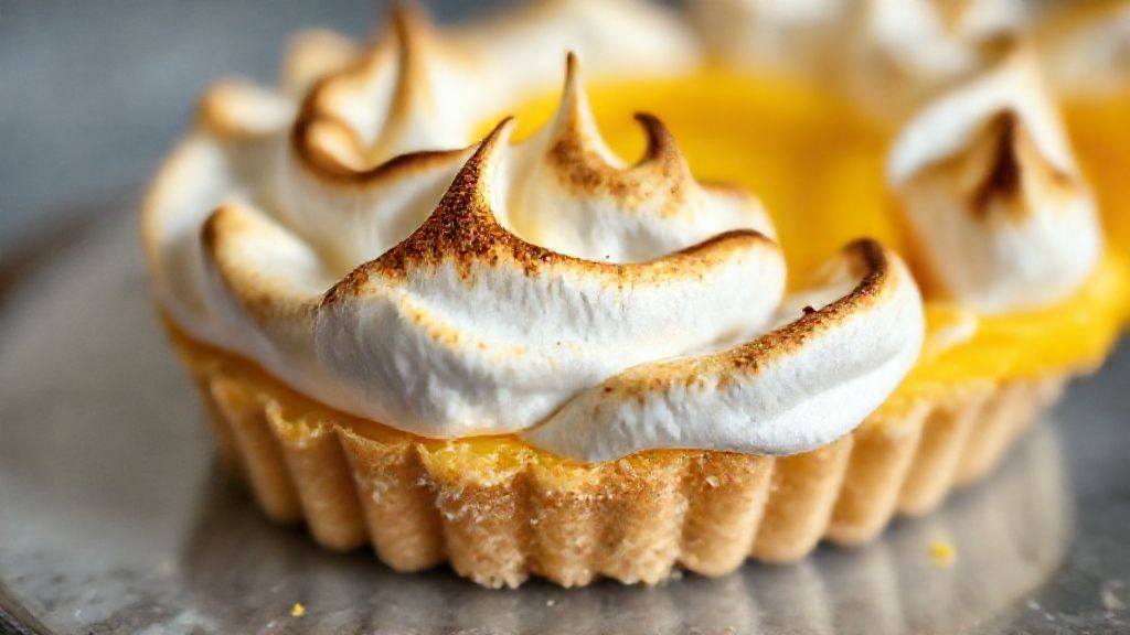 Close-up do merengue dourado sobre a torta com leve brilho e textura cremosa aparente.