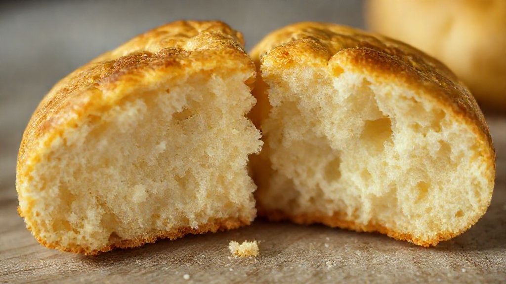 Close-up do biscoito de polvilho quebrado ao meio, mostrando a textura leve por dentro