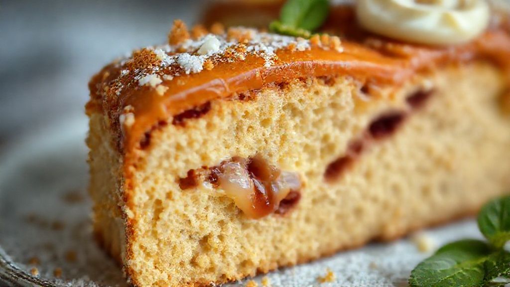 Close-up de uma fatia do bolo destacando a textura fofa e o contraste entre goiabada e queijo