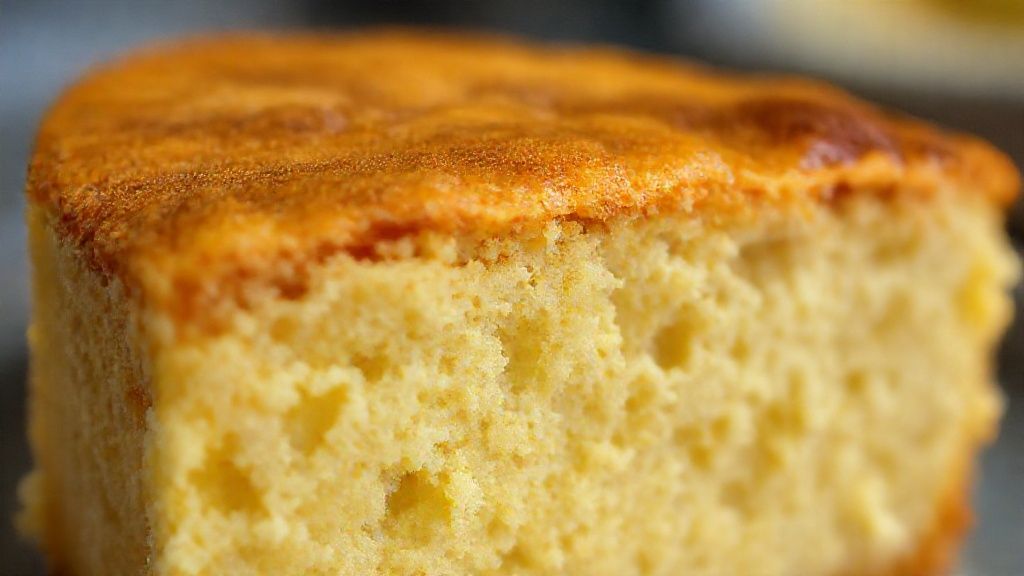 Close-up do bolo de puba cortado, mostrando a textura úmida e a crosta dourada.