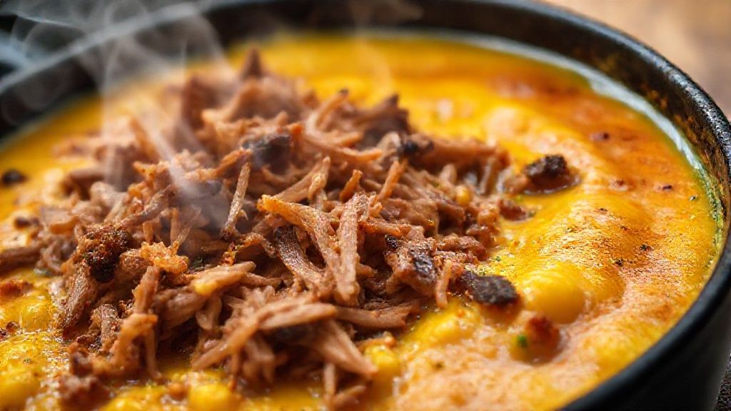 Close-up do escondidinho dourado mostrando camadas de purê e carne seca desfiada, com textura apetitosamente cremosa