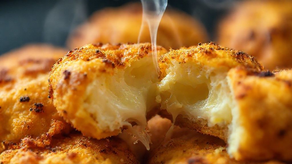 Close-up do salgado cortado ao meio, mostrando o interior cremoso e o exterior crocante