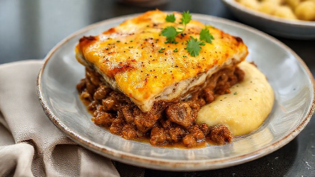 Escondidinho de carne seca com purê de mandioca cremoso gratinado, dourado e apetitoso, pronto para servir