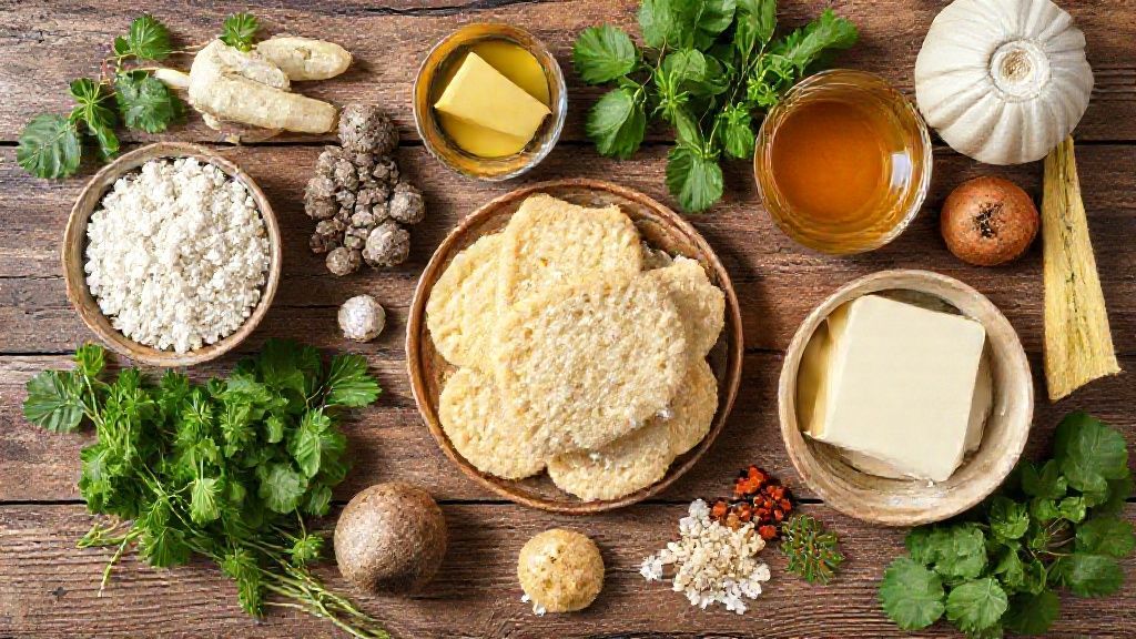 Ingredientes dispostos sobre uma bancada de madeira, incluindo polvilho, ovos e óleo