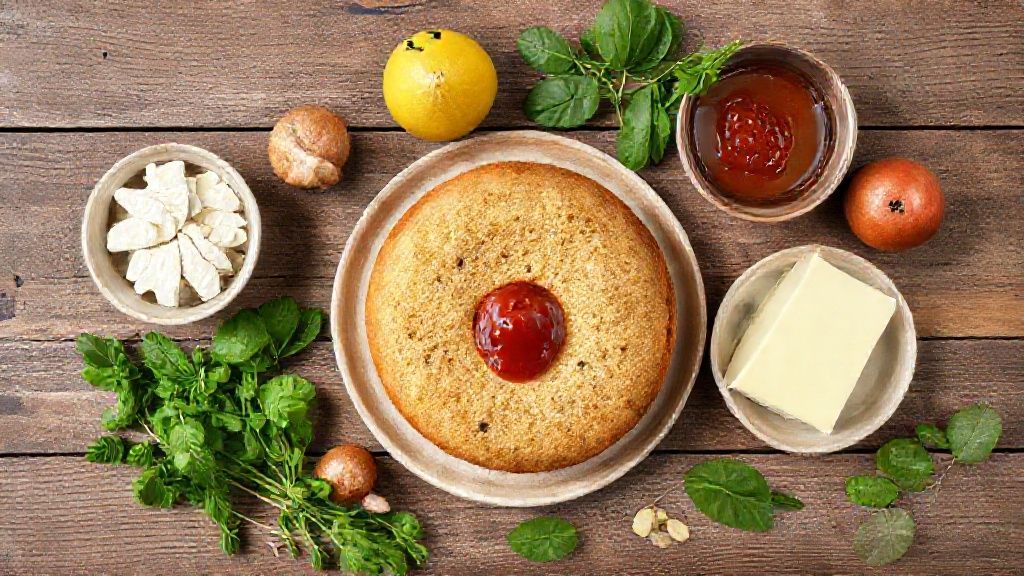 Ingredientes medidos de forma organizada em tigelas sobre uma bancada de madeira rústica