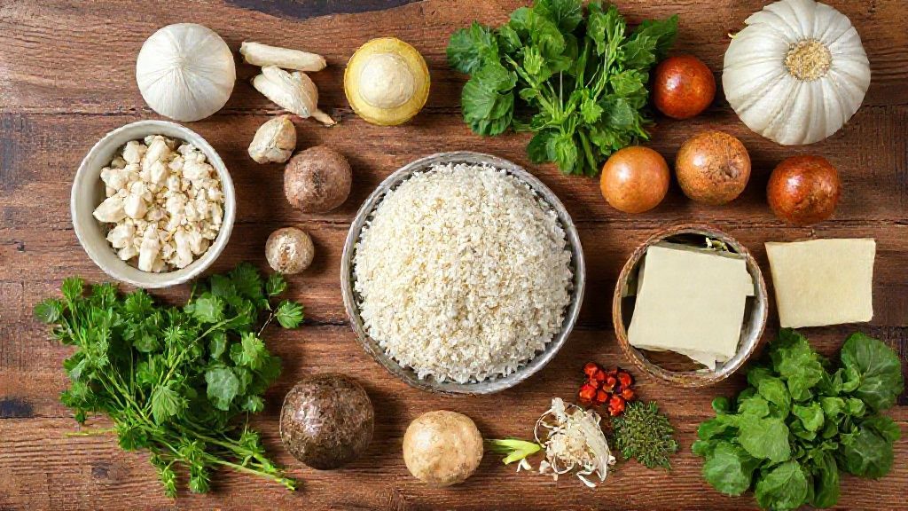 Visão de cima com mandioca fermentada, ovos, leite de coco e açúcar dispostos em uma bancada de madeira.