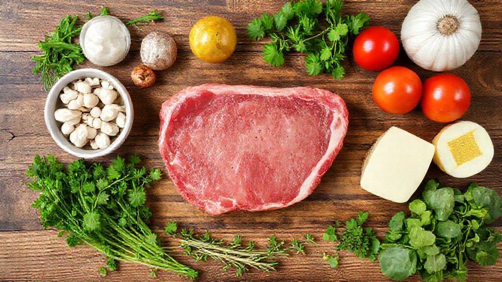 Visão de cima com os ingredientes da chuleta grelhada organizados em bancada de madeira rústica