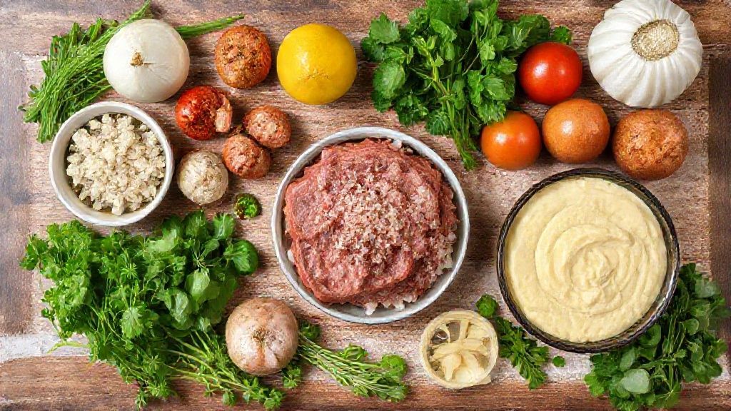 Visão de cima com carne seca, mandioca, queijos e temperos frescos organizados em uma bancada de cozinha