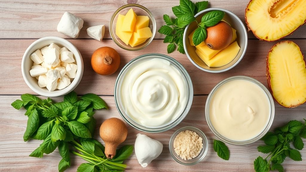 Ingredientes do gelado de abacaxi organizados sobre bancada, incluindo abacaxi picado, creme de leite, leite condensado e chocolate branco