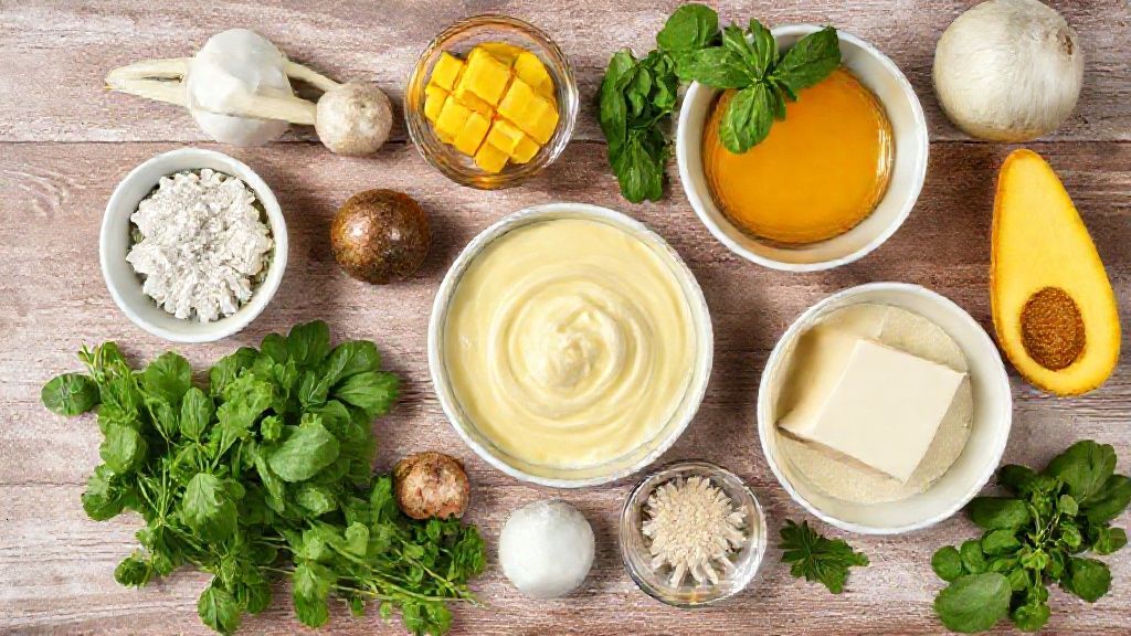 Visão de cima com os ingredientes organizados em uma bancada: mangas frescas, biscoitos, leite condensado e claras.