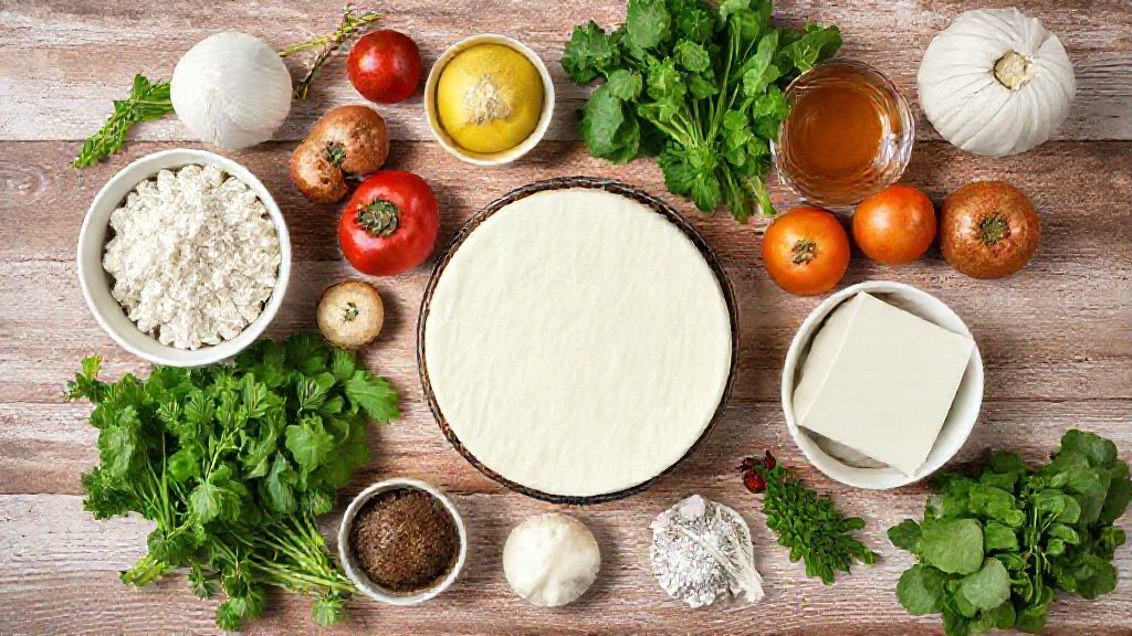 Visão de cima dos ingredientes para preparar torta supreme dispostos sobre uma bancada de mármore