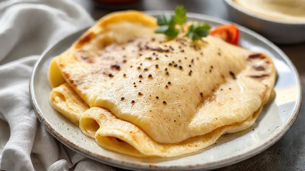 Massa de panqueca fácil e rápida pronta para servir, fininha e dourada, enrolada com molho e queijo.