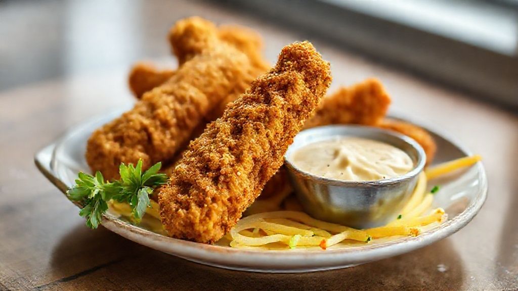 Palitinhos de frango crocantes dourados e sequinhos servidos em travessa, ideais para petiscos