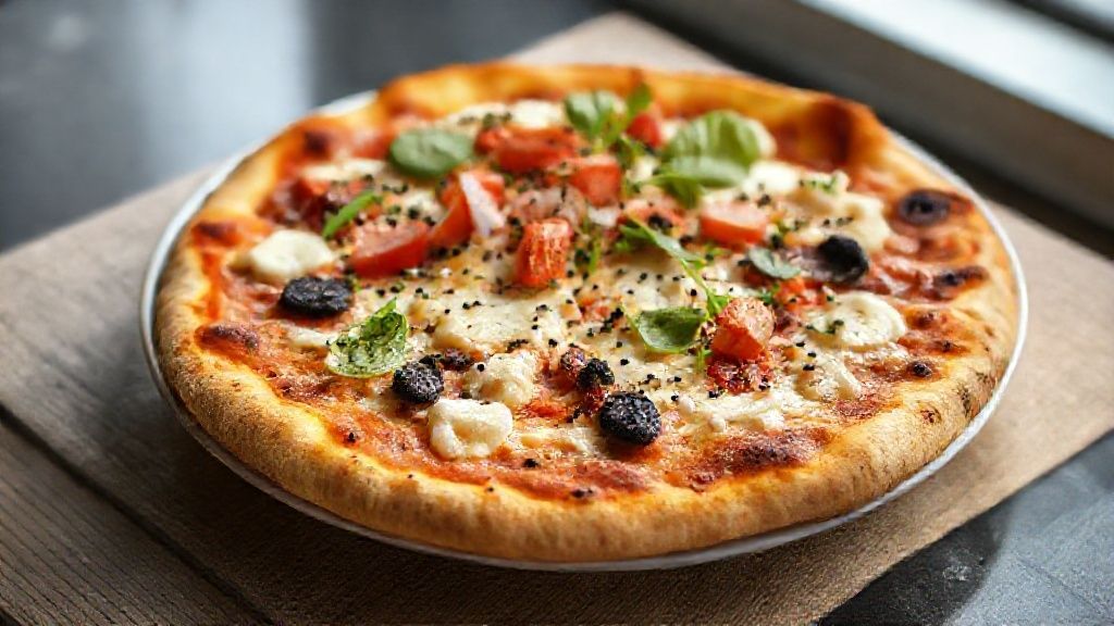 Pizza de liquidificador dourada com queijo derretido e calabresa, servida quente e saborosa