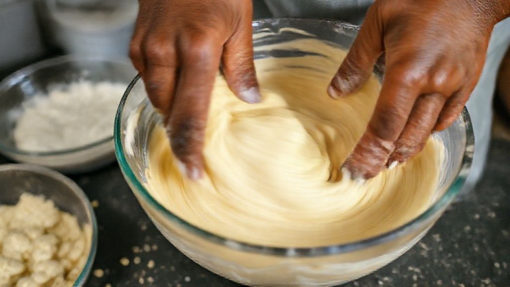 Mãos misturando a massa de puba com ovos e leite de coco em uma tigela grande durante o preparo.