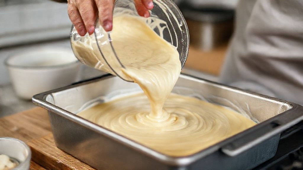 Mãos batendo a massa cremosa no liquidificador durante o preparo do bolo