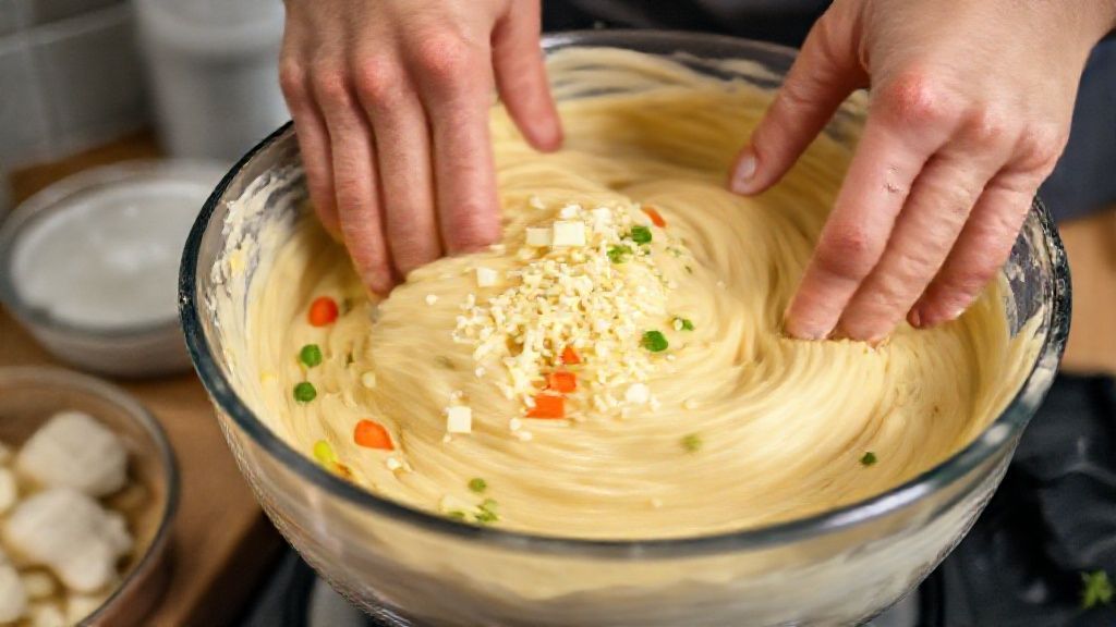 Mãos misturando a massa de bolo salgado em tigela, com textura cremosa e recheio colorido visível