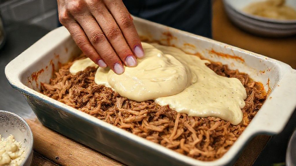 Mãos montando o escondidinho, espalhando o purê sobre o recheio de carne seca em um refratário