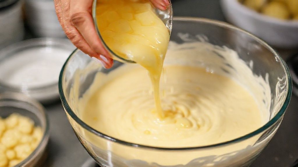 Mãos misturando o creme no liquidificador e adicionando abacaxi caramelizado