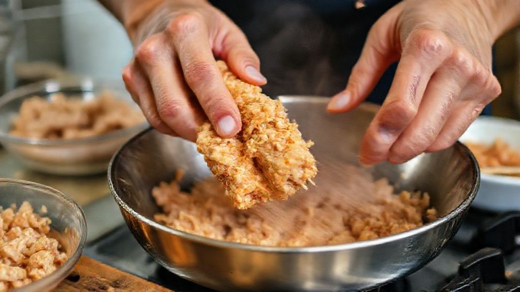 Mãos moldando palitinhos de frango antes da fritura