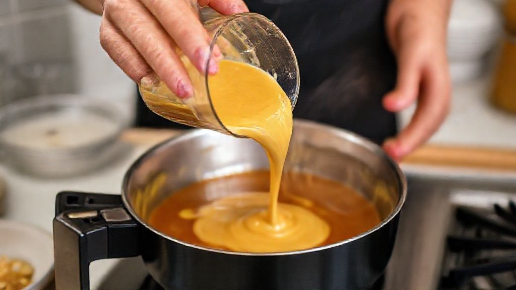 Mãos batendo os ingredientes do pudim no liquidificador e despejando na forma caramelizada