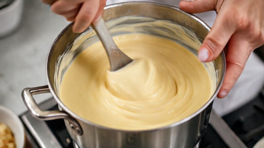 Mãos misturando o creme branco da torta supreme em uma panela durante o preparo