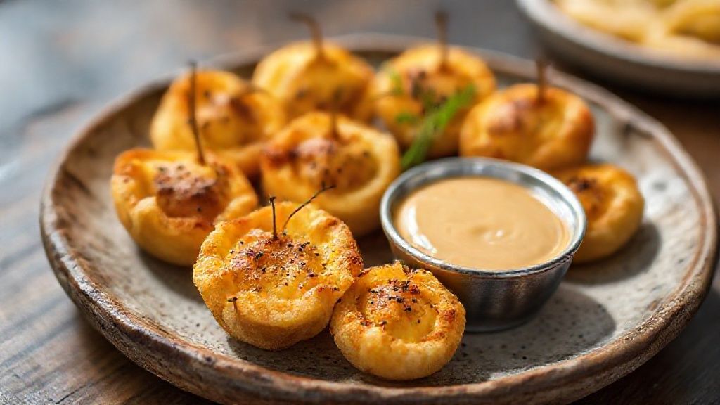 Salgado de queijo diferente dourado e crocante servido em prato rústico com molho ao lado